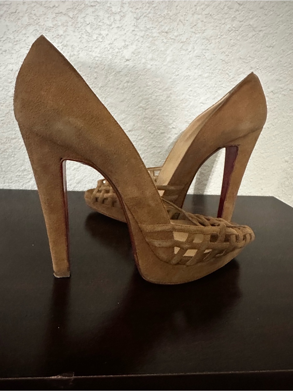 Christian Louboutin Tan Suede Woven Chalumo Pumps with Red Soles